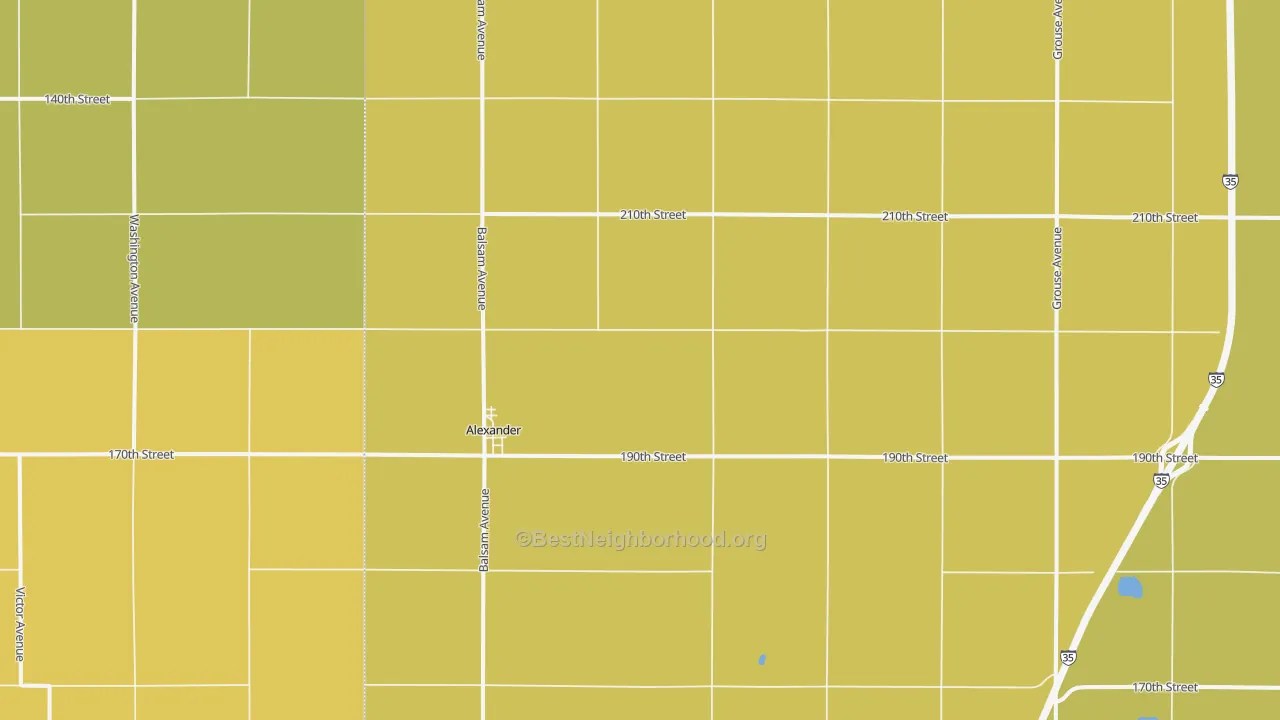 Map of the best neighborhoods in the Alexander area, with better matches in green and worse matches in red