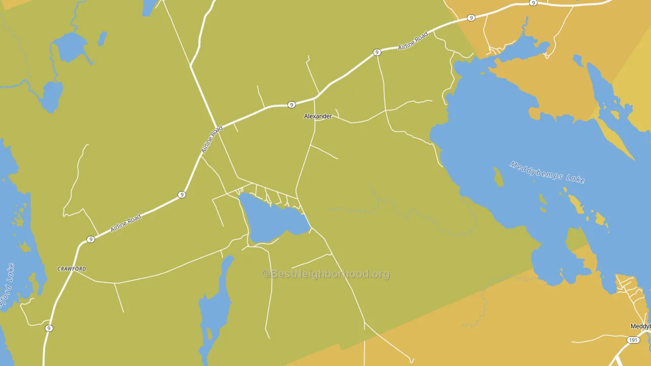 Map of the best neighborhoods in the Alexander area, with better matches in green and worse matches in red