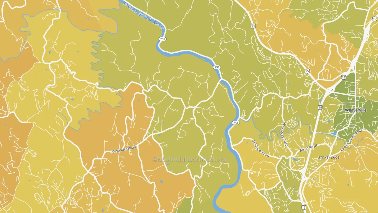 Map of the best neighborhoods in the Alexander area, with better matches in green and worse matches in red