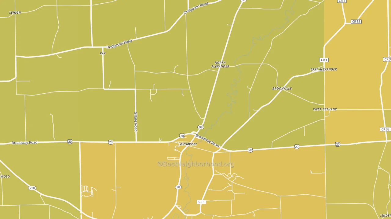 Map of the best neighborhoods in the Alexander area, with better matches in green and worse matches in red