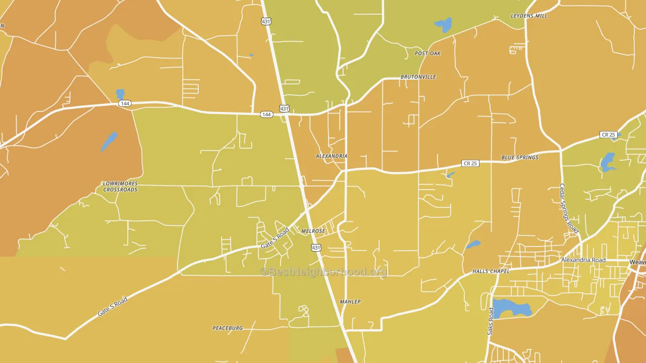 Map of the best neighborhoods in the Alexandria area, with better matches in green and worse matches in red