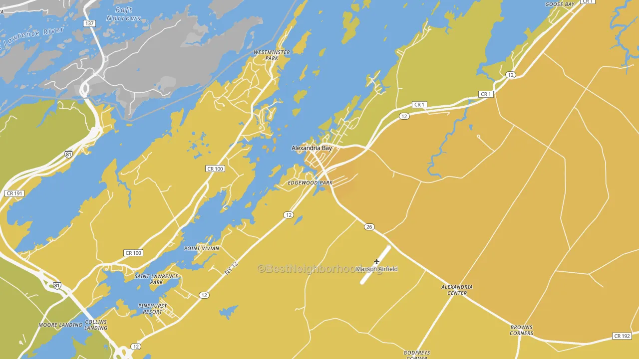 Map of the best neighborhoods in the Alexandria Bay area, with better matches in green and worse matches in red