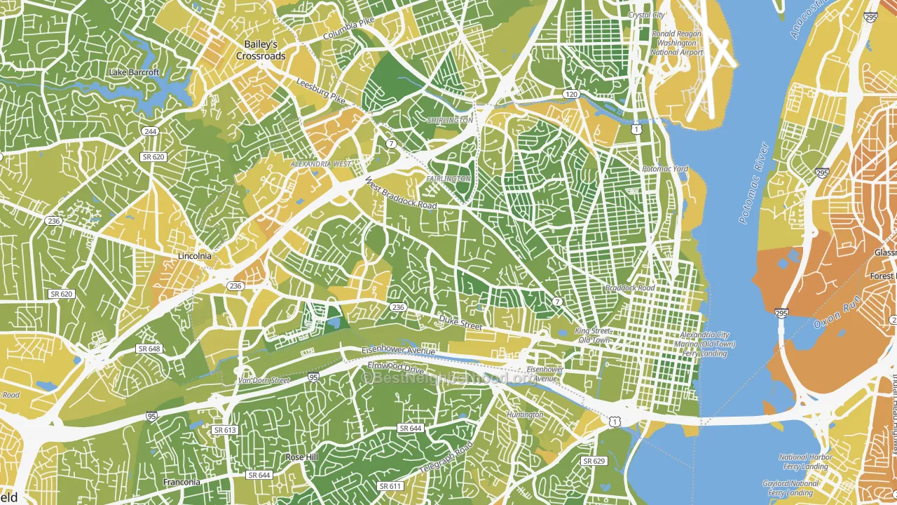 Map of the best neighborhoods in the Alexandria City area, with better matches in green and worse matches in red