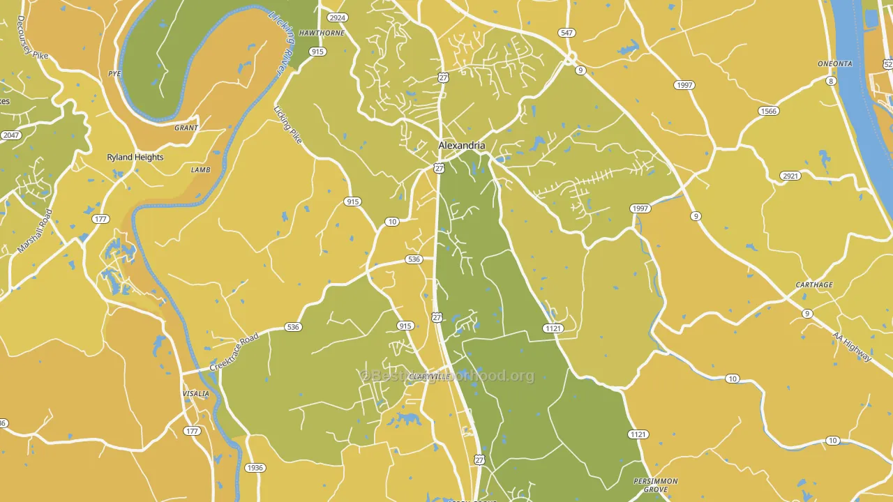 Map of the best neighborhoods in the Alexandria area, with better matches in green and worse matches in red