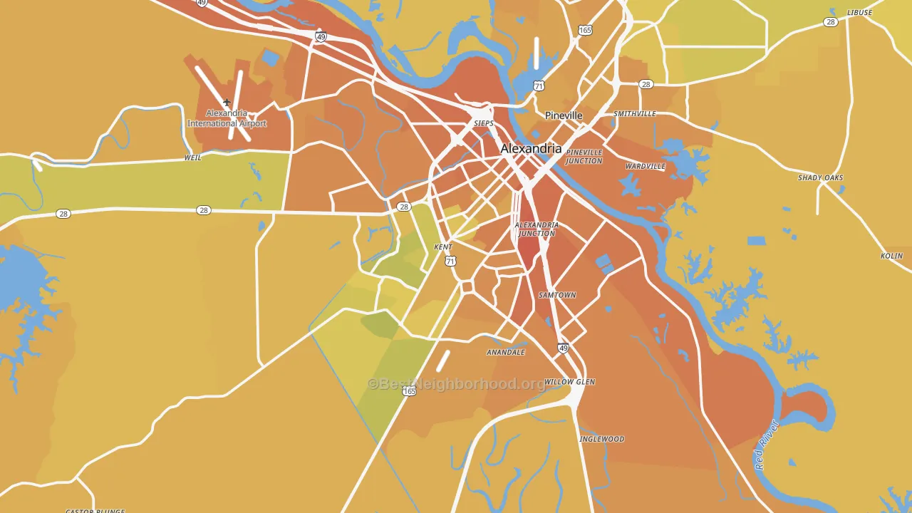 Map of the best neighborhoods in the Alexandria Metro area, with better matches in green and worse matches in red