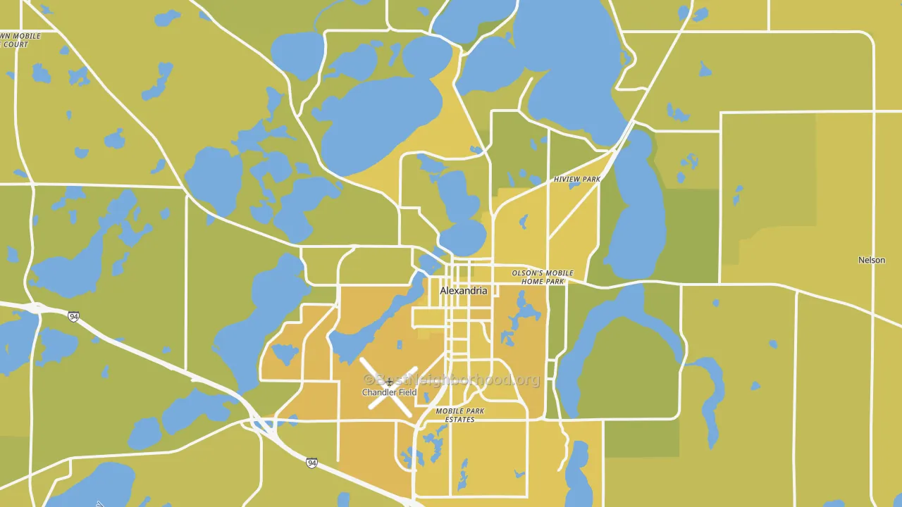 Map of the best neighborhoods in the Alexandria area, with better matches in green and worse matches in red