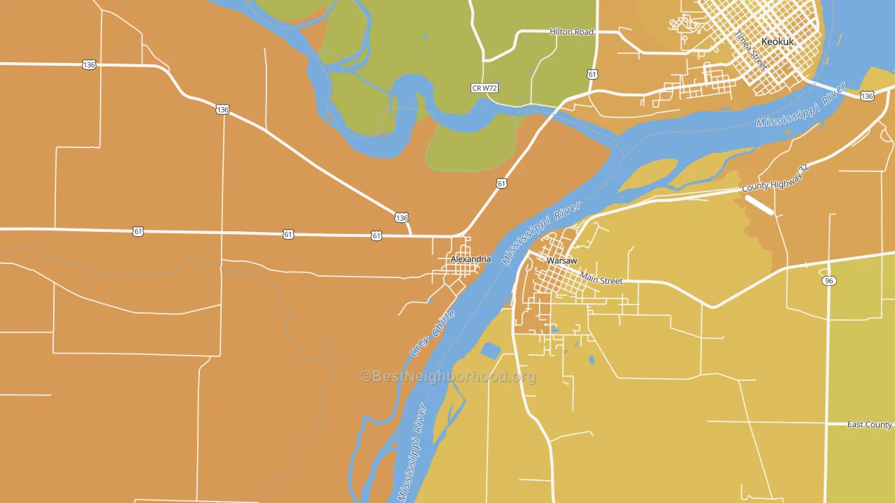Map of the best neighborhoods in the Alexandria area, with better matches in green and worse matches in red