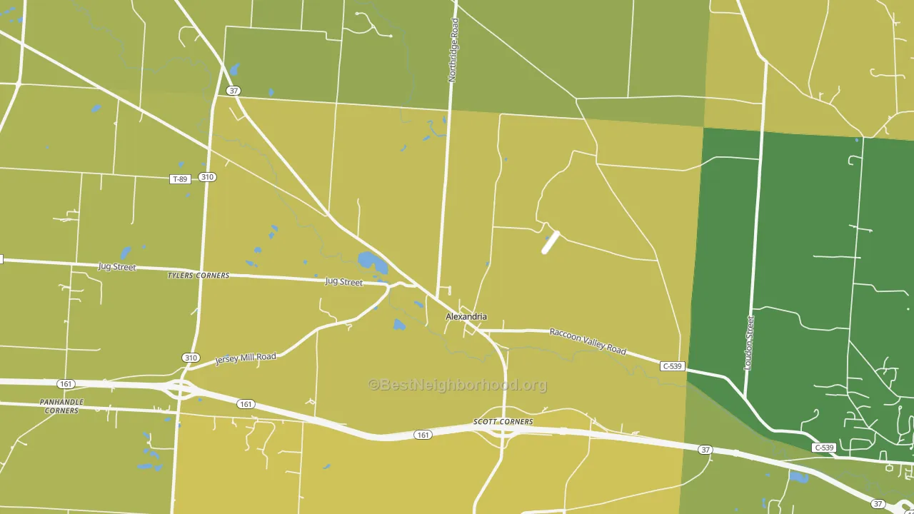 Map of the best neighborhoods in the Alexandria area, with better matches in green and worse matches in red