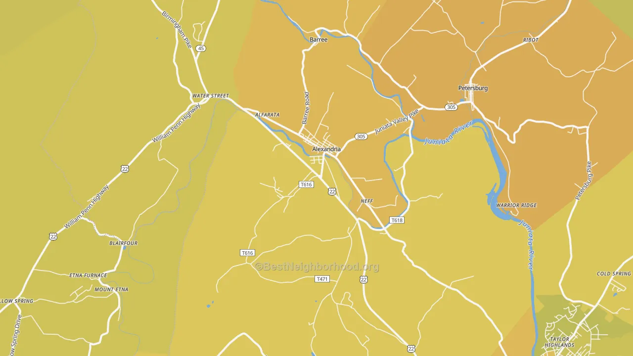 Map of the best neighborhoods in the Alexandria area, with better matches in green and worse matches in red