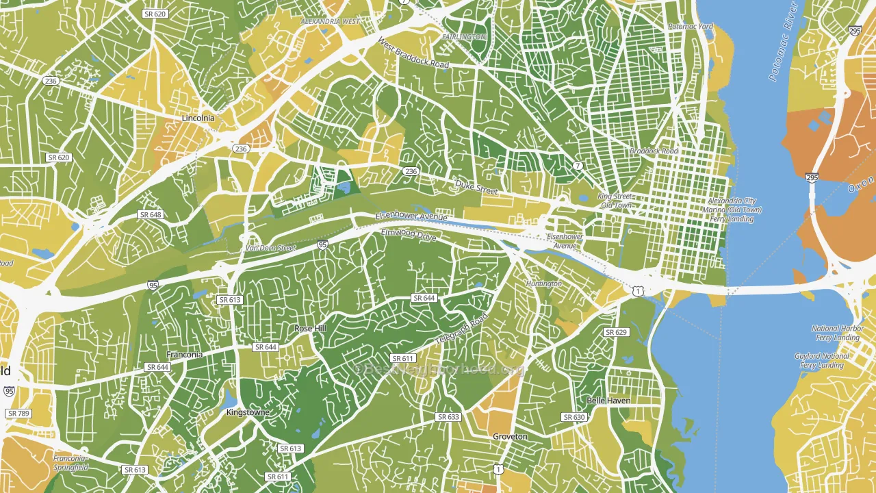 Map of the best neighborhoods in the Alexandria area, with better matches in green and worse matches in red
