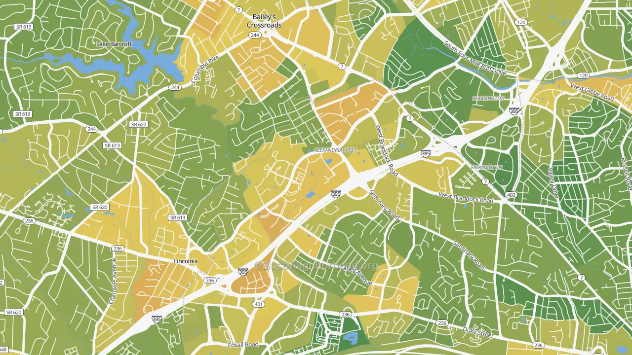 Map of the best neighborhoods in the Alexandria Wrest, Alexandria area, with better matches in green and worse matches in red