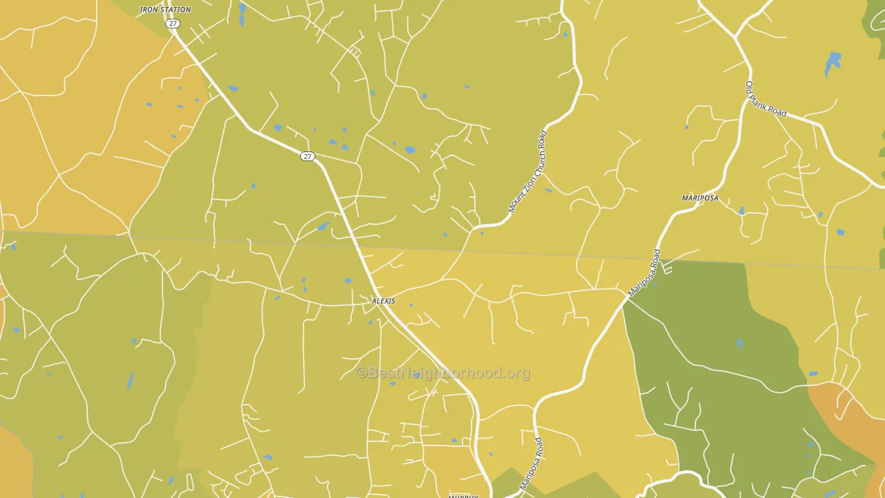 Map of the best neighborhoods in the Alexis area, with better matches in green and worse matches in red