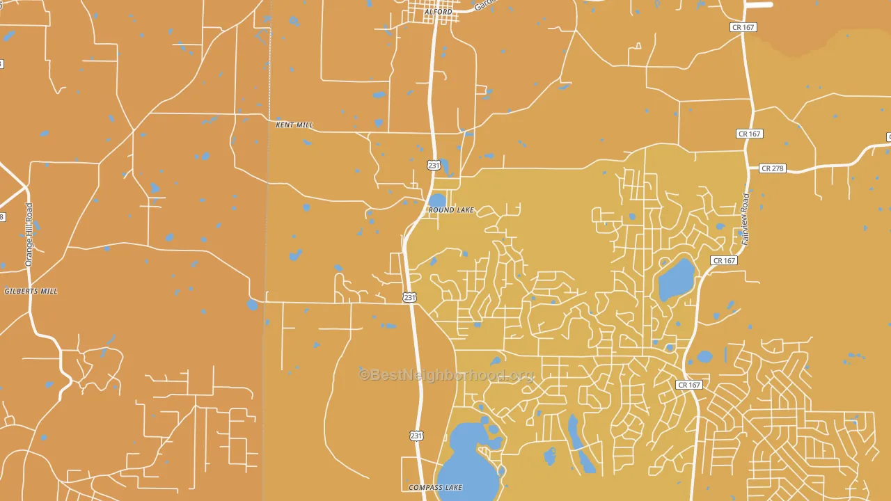 Map of the best neighborhoods in the Alford area, with better matches in green and worse matches in red