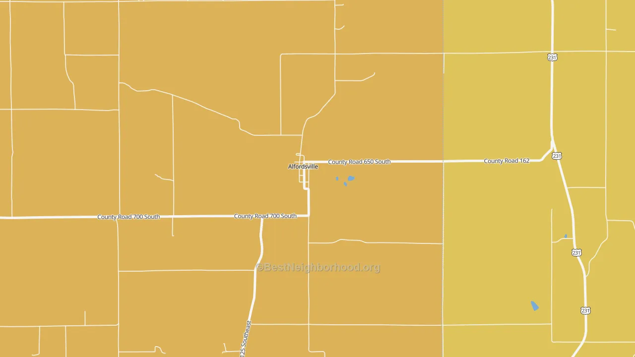 Map of the best neighborhoods in the Alfordsville area, with better matches in green and worse matches in red