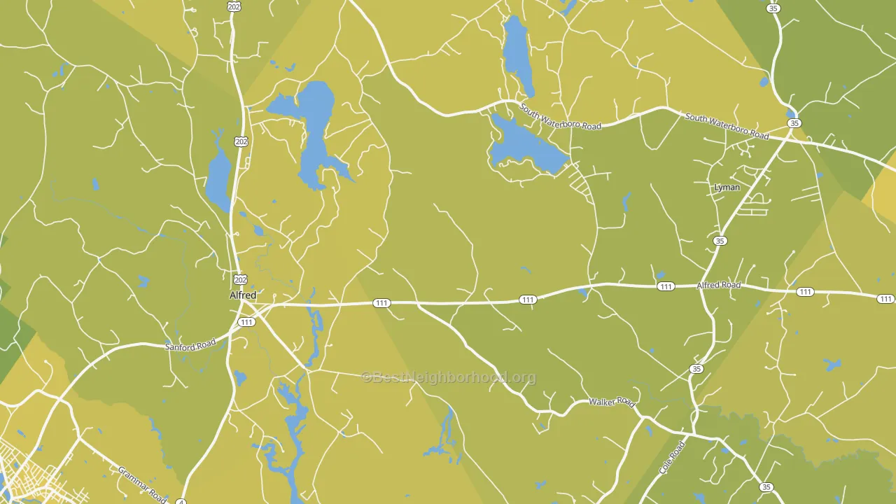 Map of the best neighborhoods in the Alfred area, with better matches in green and worse matches in red