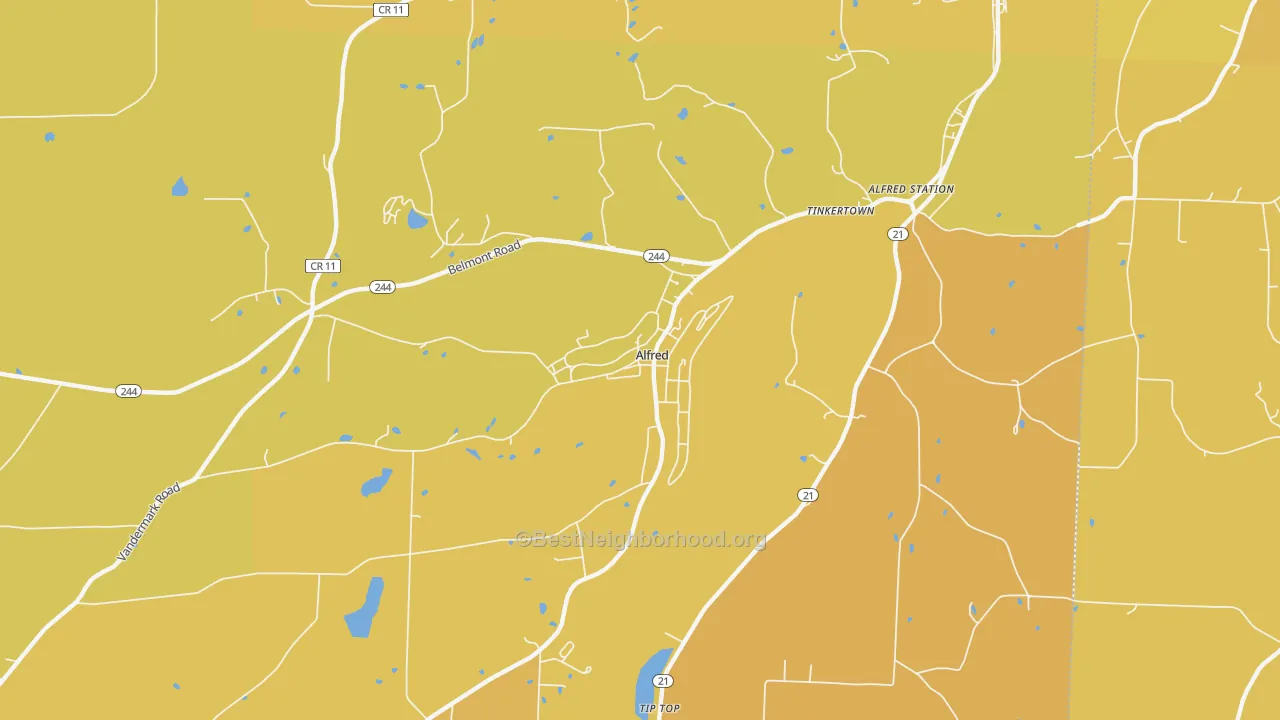Map of the best neighborhoods in the Alfred area, with better matches in green and worse matches in red