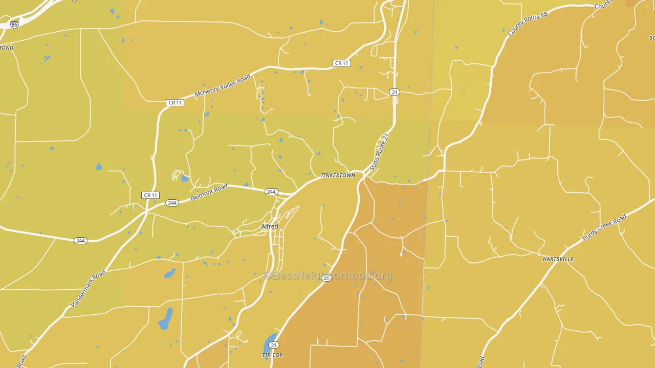 Map of the best neighborhoods in the Alfred Station area, with better matches in green and worse matches in red