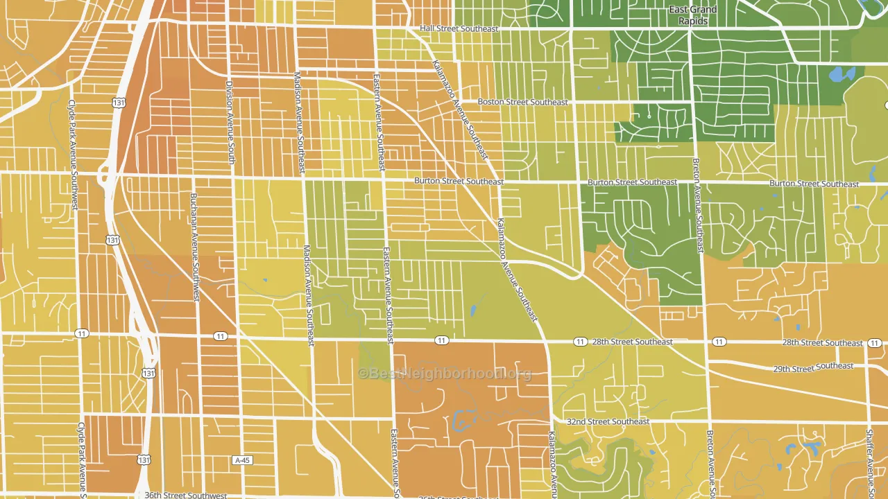 Map of the best neighborhoods in the Alger Heights, Grand Rapids area, with better matches in green and worse matches in red