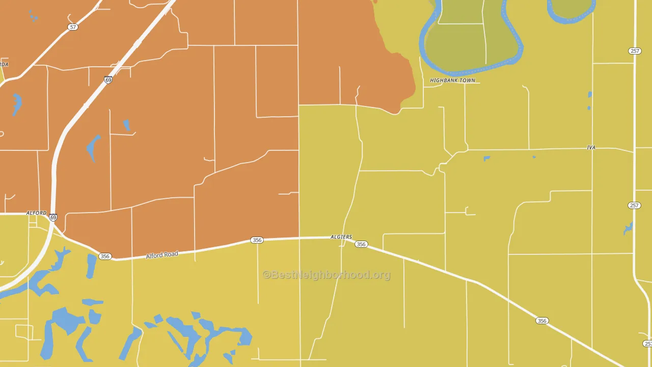 Map of the best neighborhoods in the Algiers area, with better matches in green and worse matches in red