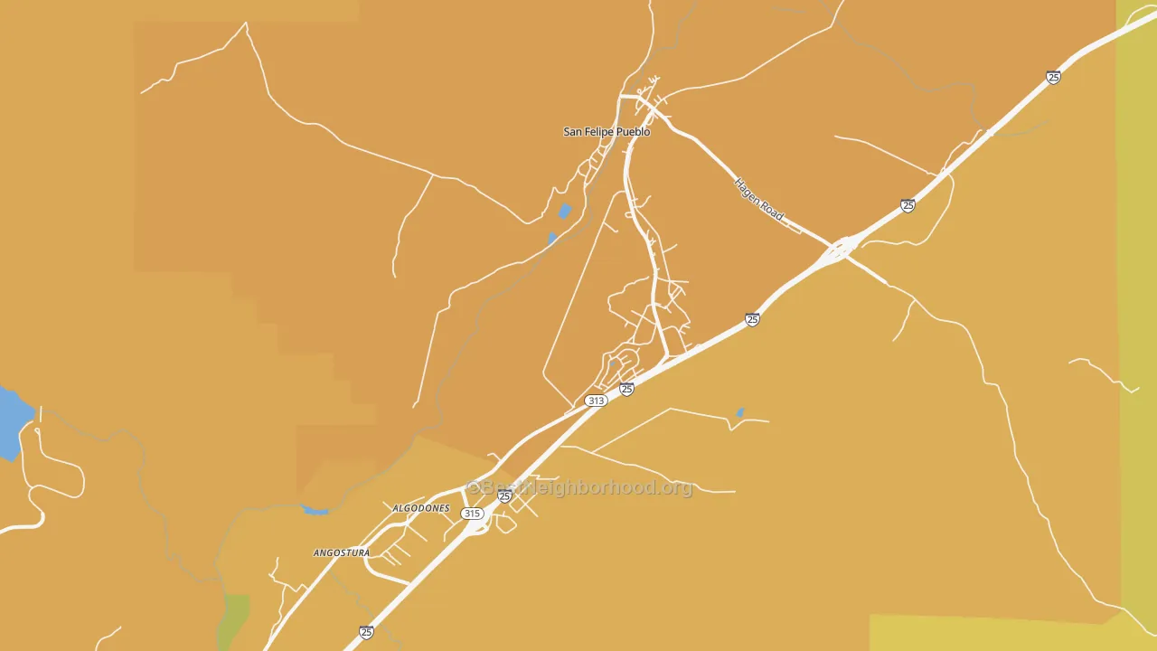 Map of the best neighborhoods in the Algodones area, with better matches in green and worse matches in red
