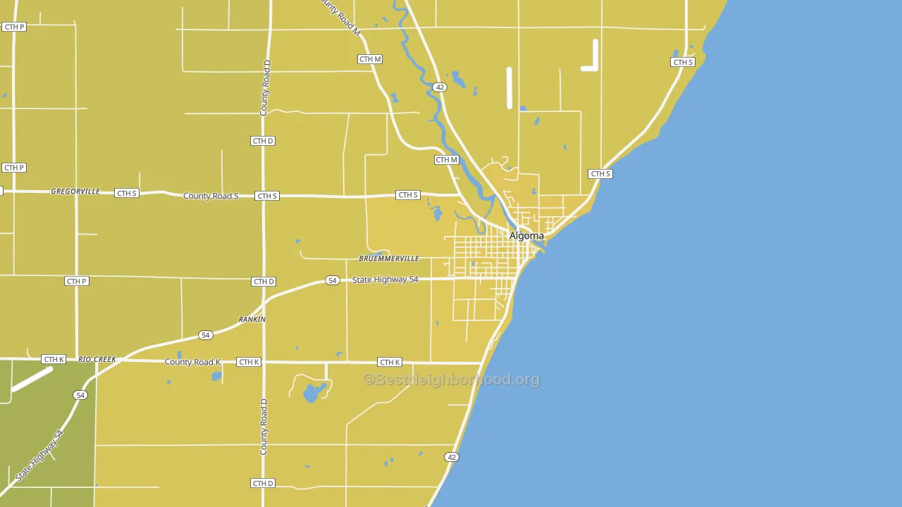 Map of the best neighborhoods in the Algoma area, with better matches in green and worse matches in red