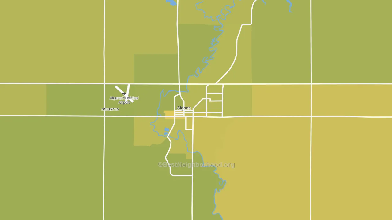 Map of the best neighborhoods in the Algona area, with better matches in green and worse matches in red