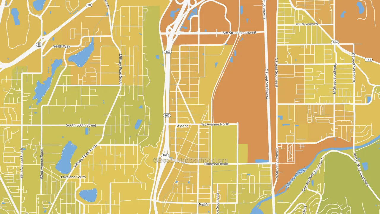 Map of the best neighborhoods in the Algona area, with better matches in green and worse matches in red