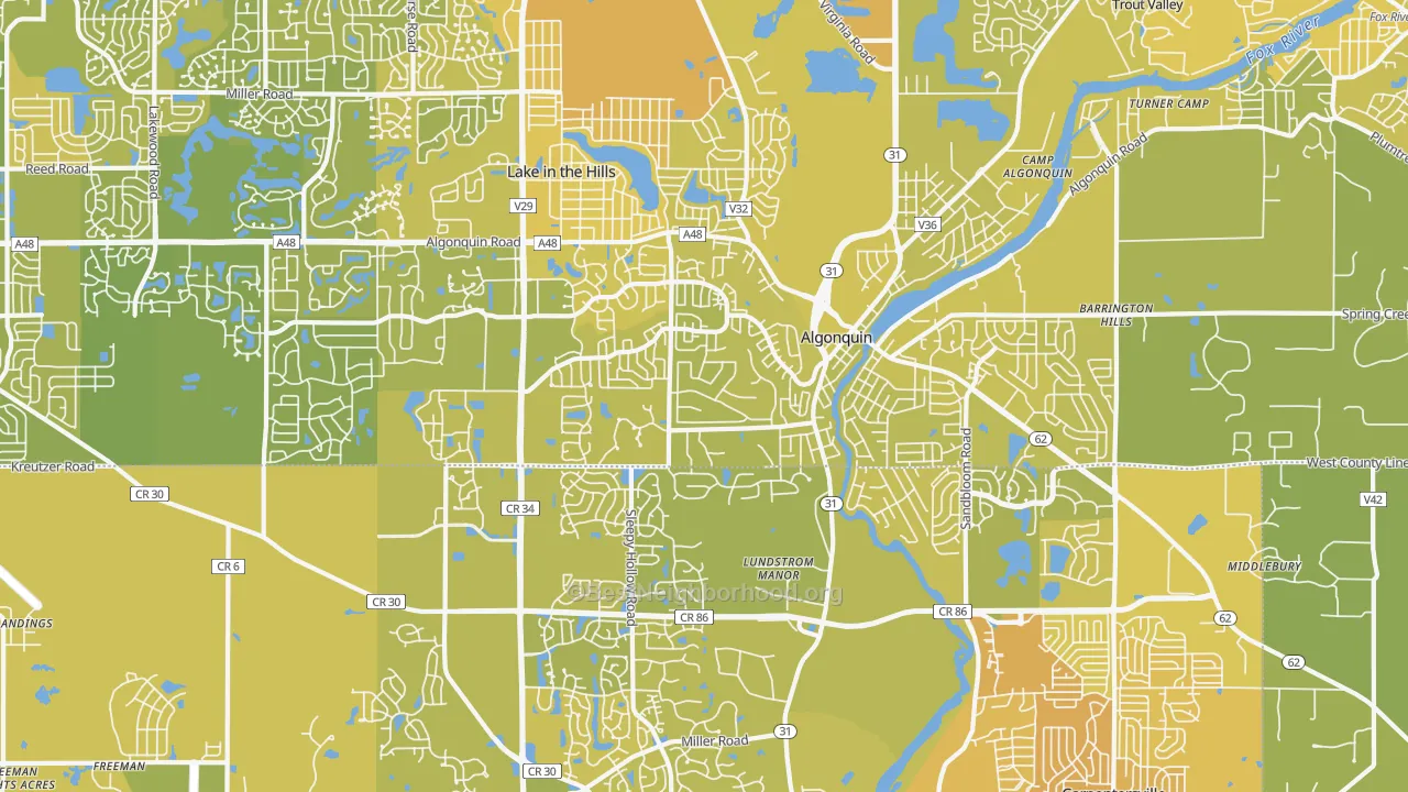 Map of the best neighborhoods in the Algonquin area, with better matches in green and worse matches in red