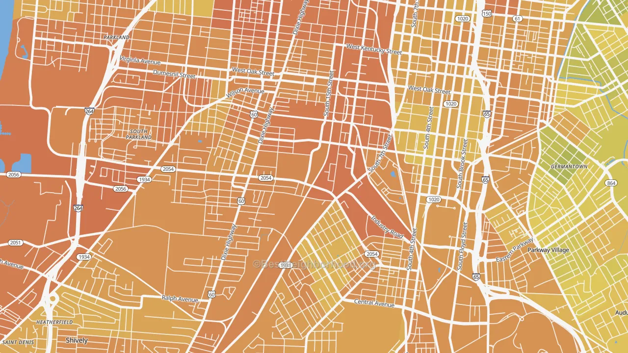Map of the best neighborhoods in the Algonquin, Louisville area, with better matches in green and worse matches in red
