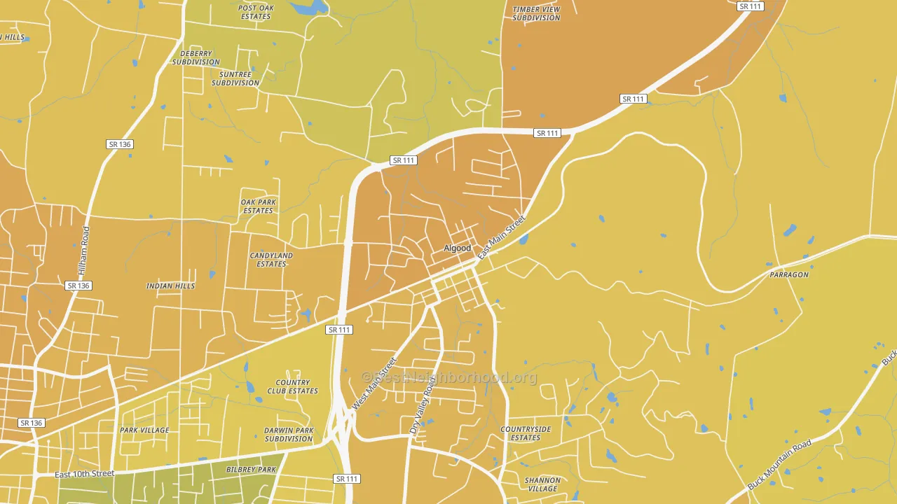 Map of the best neighborhoods in the Algood area, with better matches in green and worse matches in red