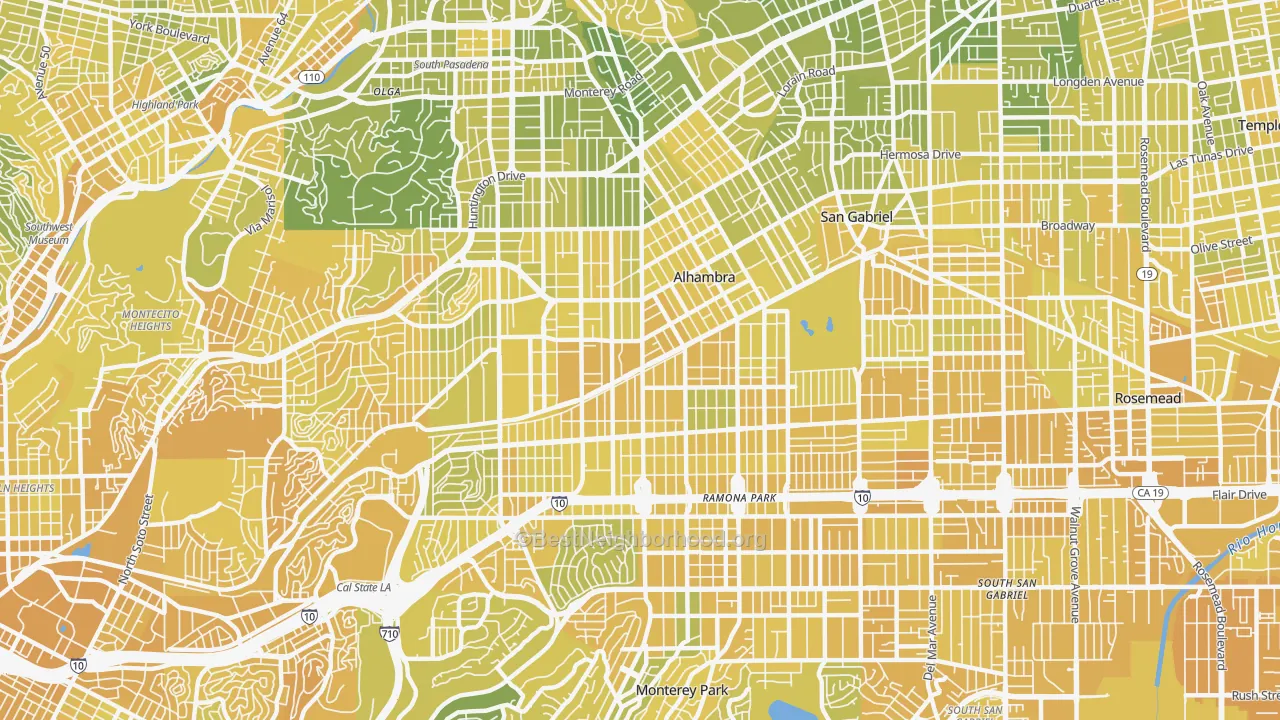 Map of the best neighborhoods in the Alhambra area, with better matches in green and worse matches in red