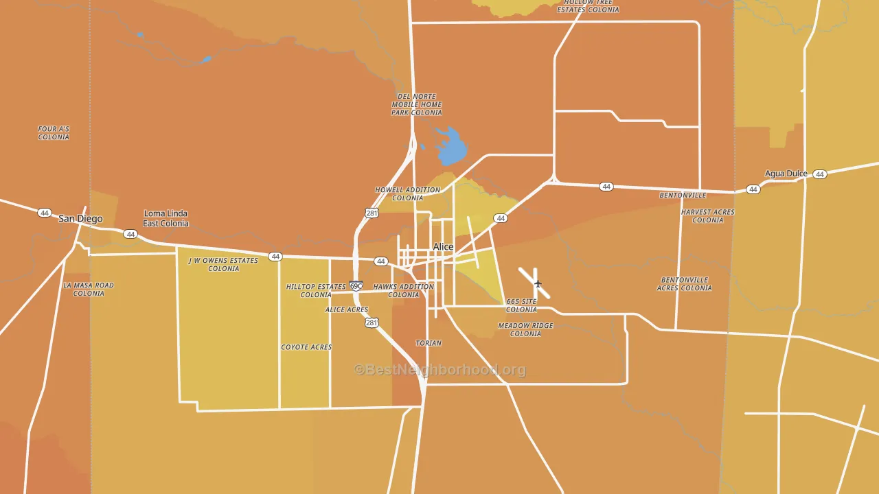 Map of the best neighborhoods in the Alice area, with better matches in green and worse matches in red