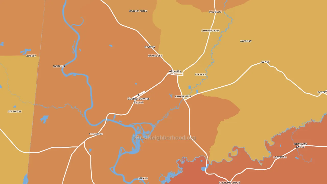 Map of the best neighborhoods in the Aliceville area, with better matches in green and worse matches in red