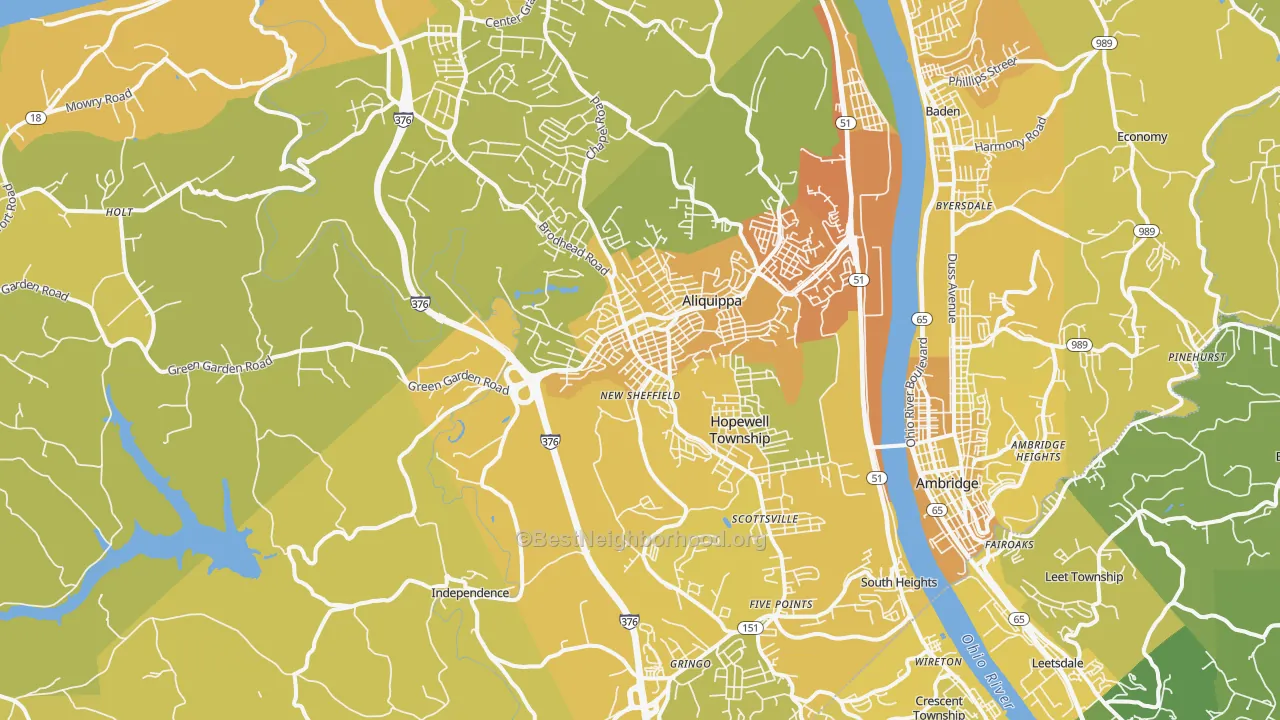 Map of the best neighborhoods in the Aliquippa area, with better matches in green and worse matches in red