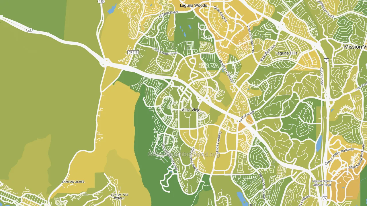 Map of the best neighborhoods in the Aliso Viejo area, with better matches in green and worse matches in red