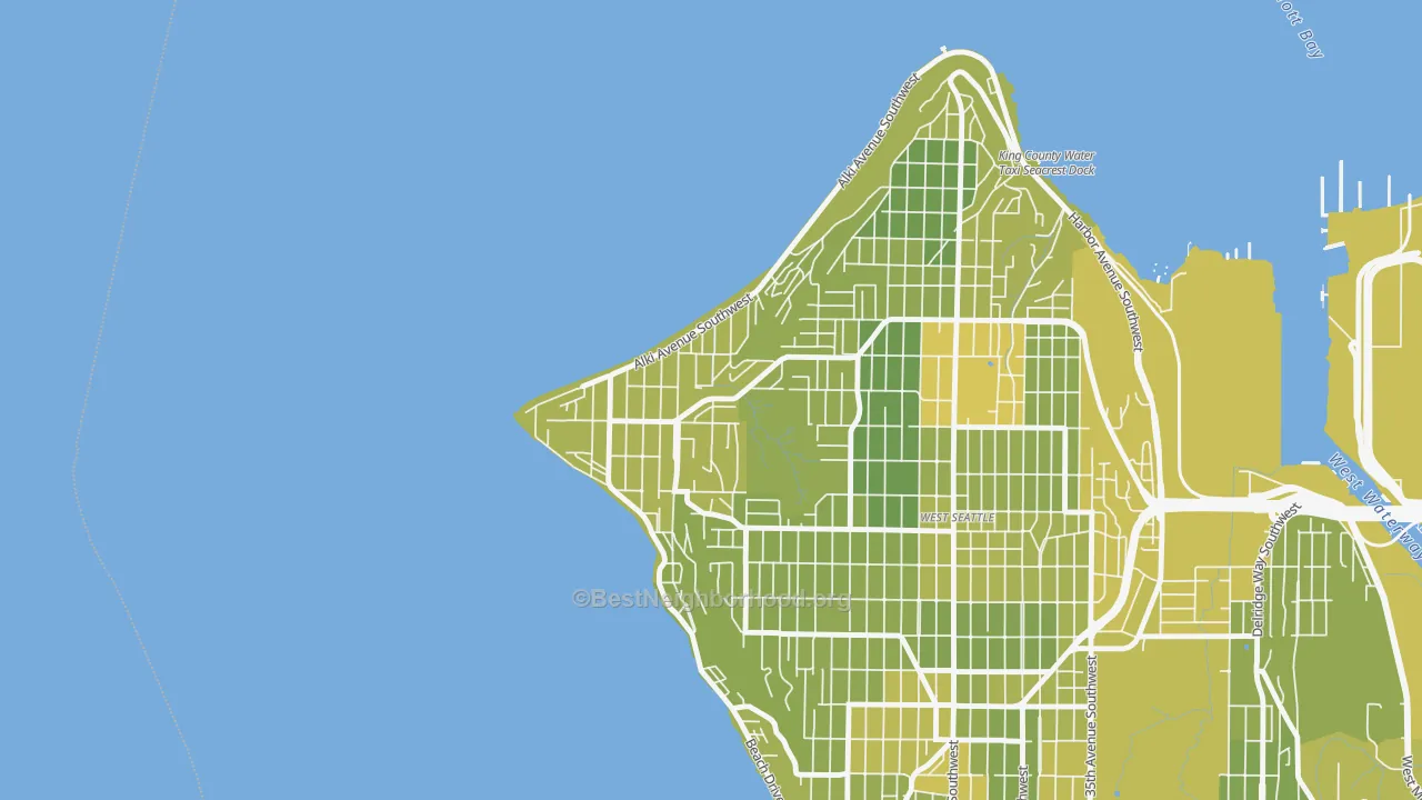 Map of the best neighborhoods in the Alki, Seattle area, with better matches in green and worse matches in red