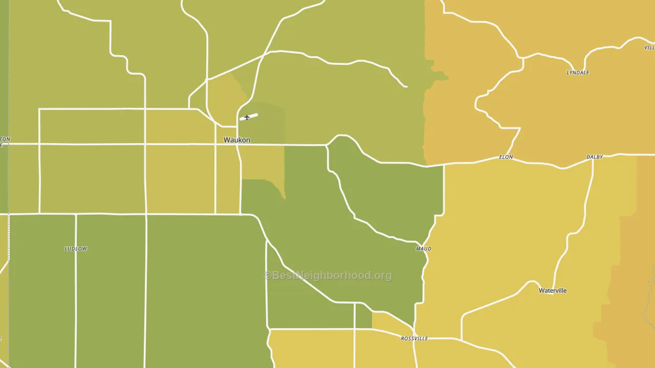 Map of the best neighborhoods in the Allamakee County area, with better matches in green and worse matches in red