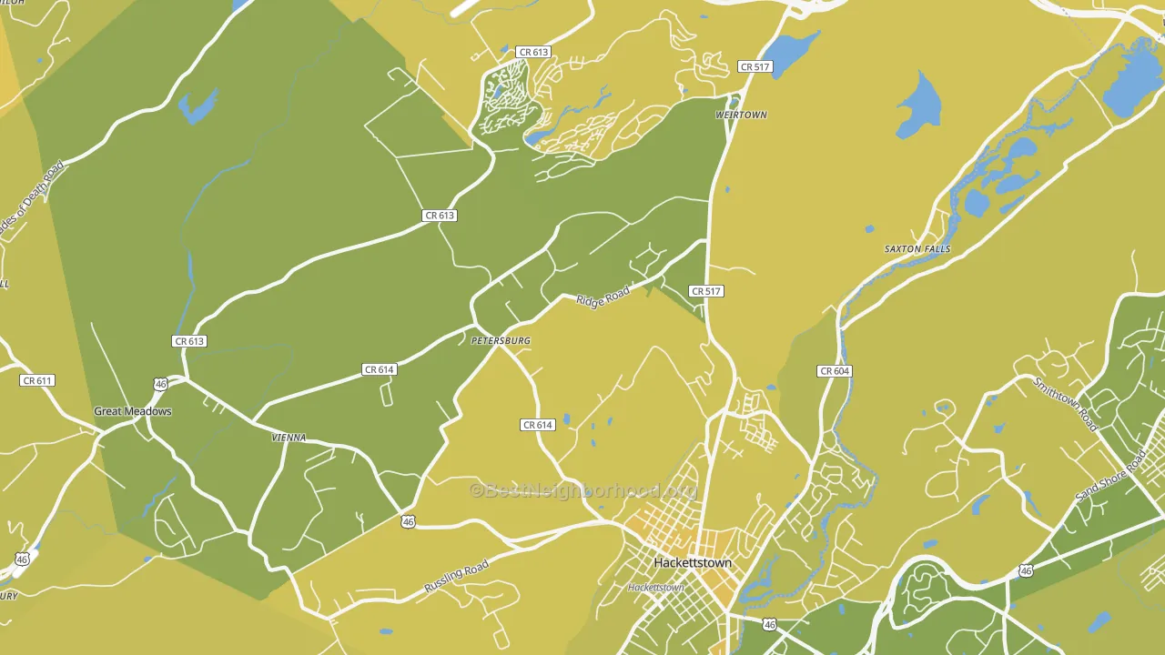 Map of the best neighborhoods in the Allamuchy area, with better matches in green and worse matches in red