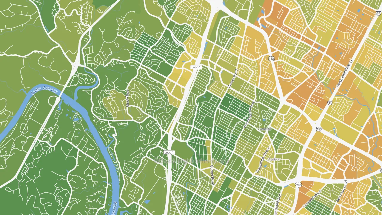 Map of the best neighborhoods in the Allandale, Austin area, with better matches in green and worse matches in red
