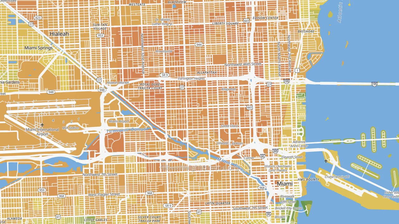 Map of the best neighborhoods in the Allapattah, Miami area, with better matches in green and worse matches in red