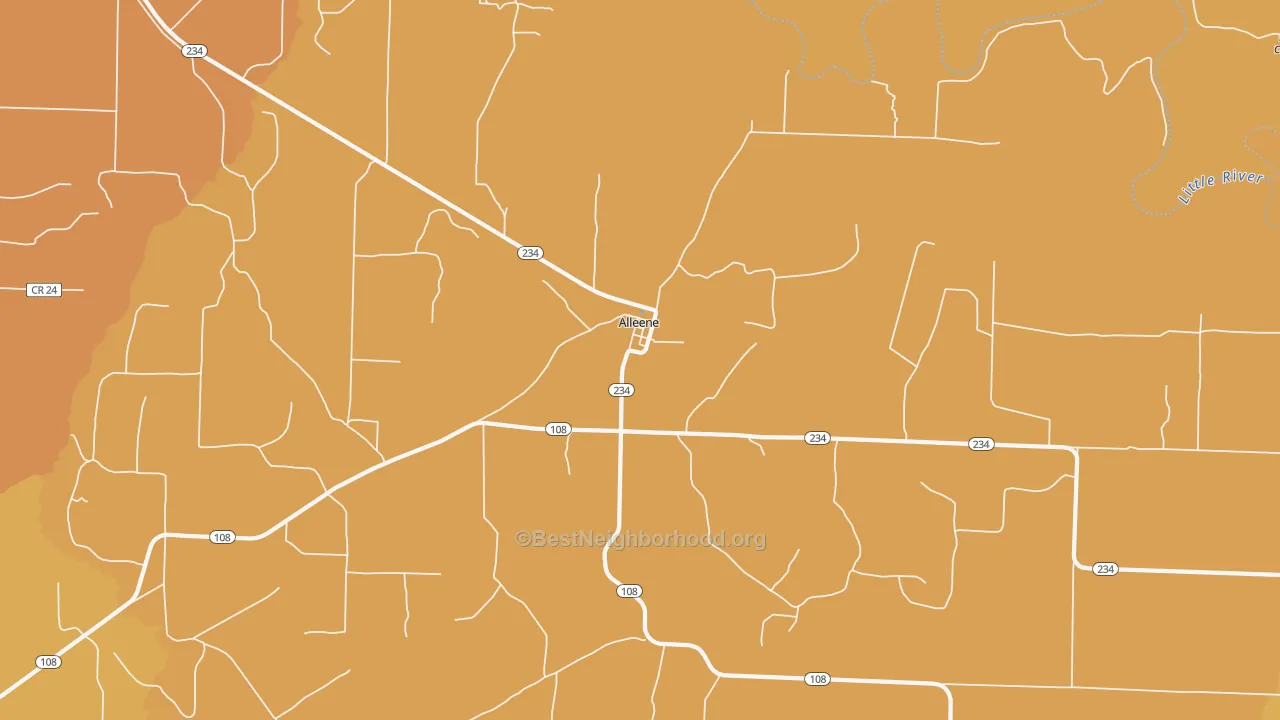 Map of the best neighborhoods in the Alleene area, with better matches in green and worse matches in red