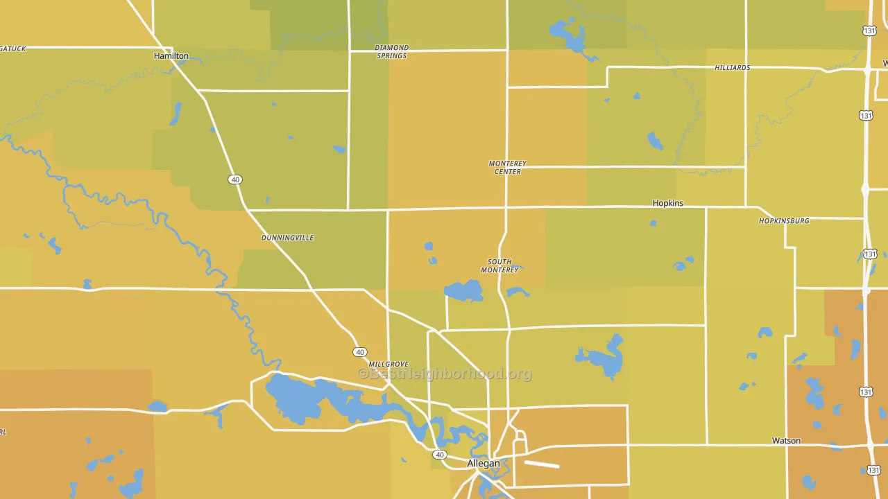 Map of the best neighborhoods in the Allegan County area, with better matches in green and worse matches in red
