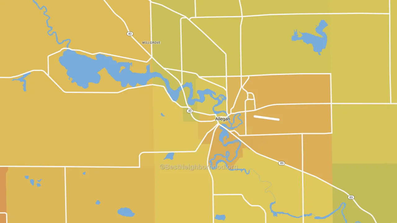 Map of the best neighborhoods in the Allegan area, with better matches in green and worse matches in red