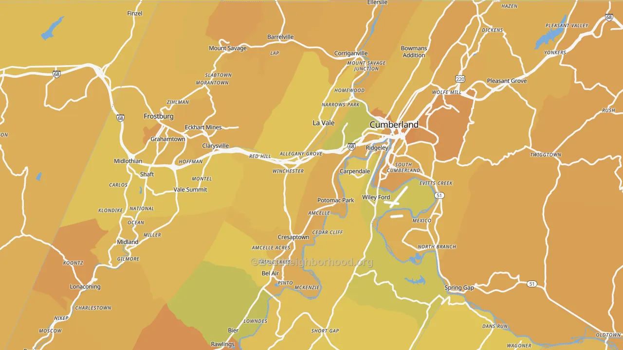 Map of the best neighborhoods in the Allegany County area, with better matches in green and worse matches in red