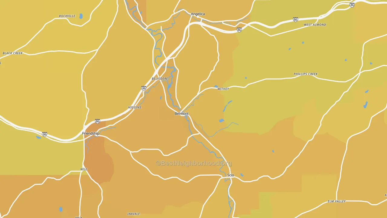 Map of the best neighborhoods in the Allegany County area, with better matches in green and worse matches in red