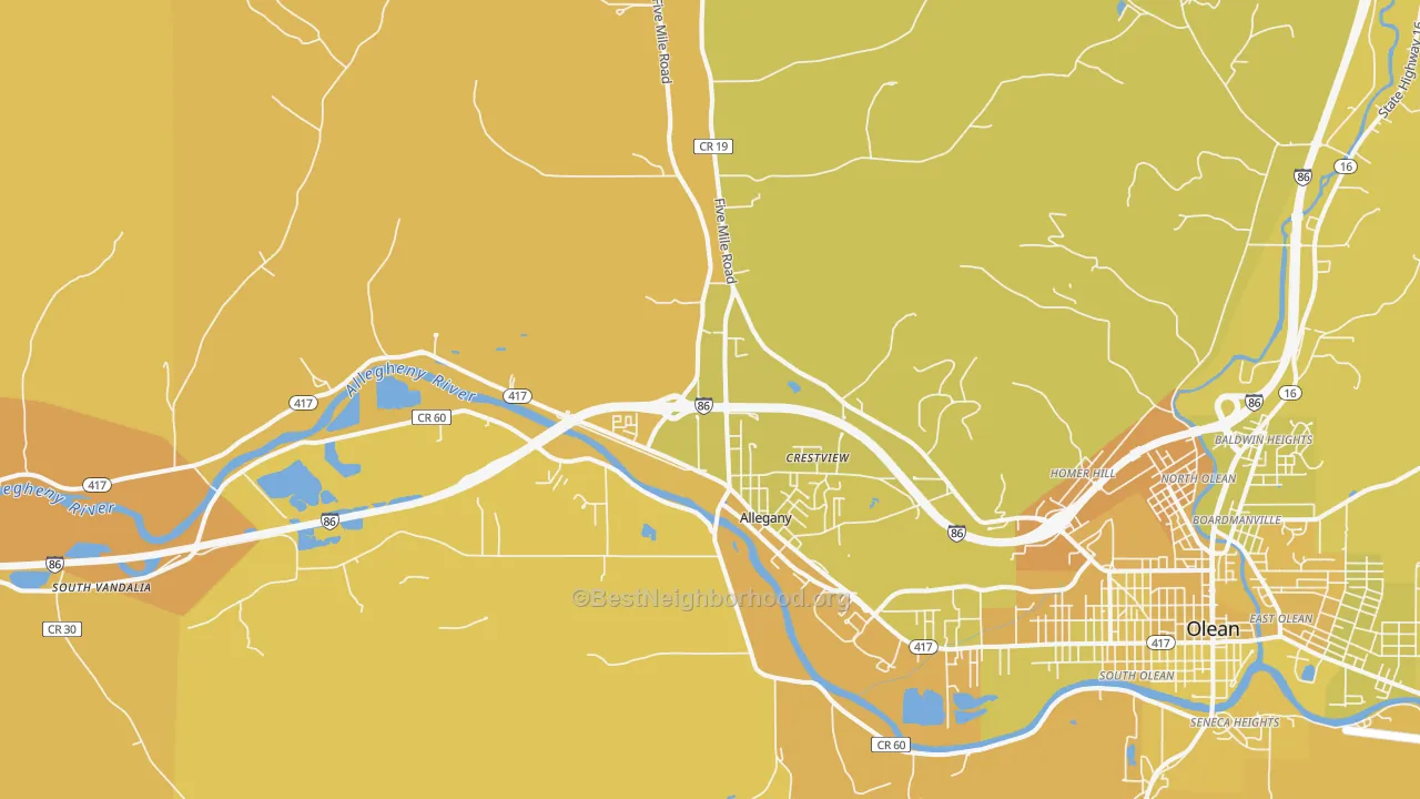 Map of the best neighborhoods in the Allegany area, with better matches in green and worse matches in red