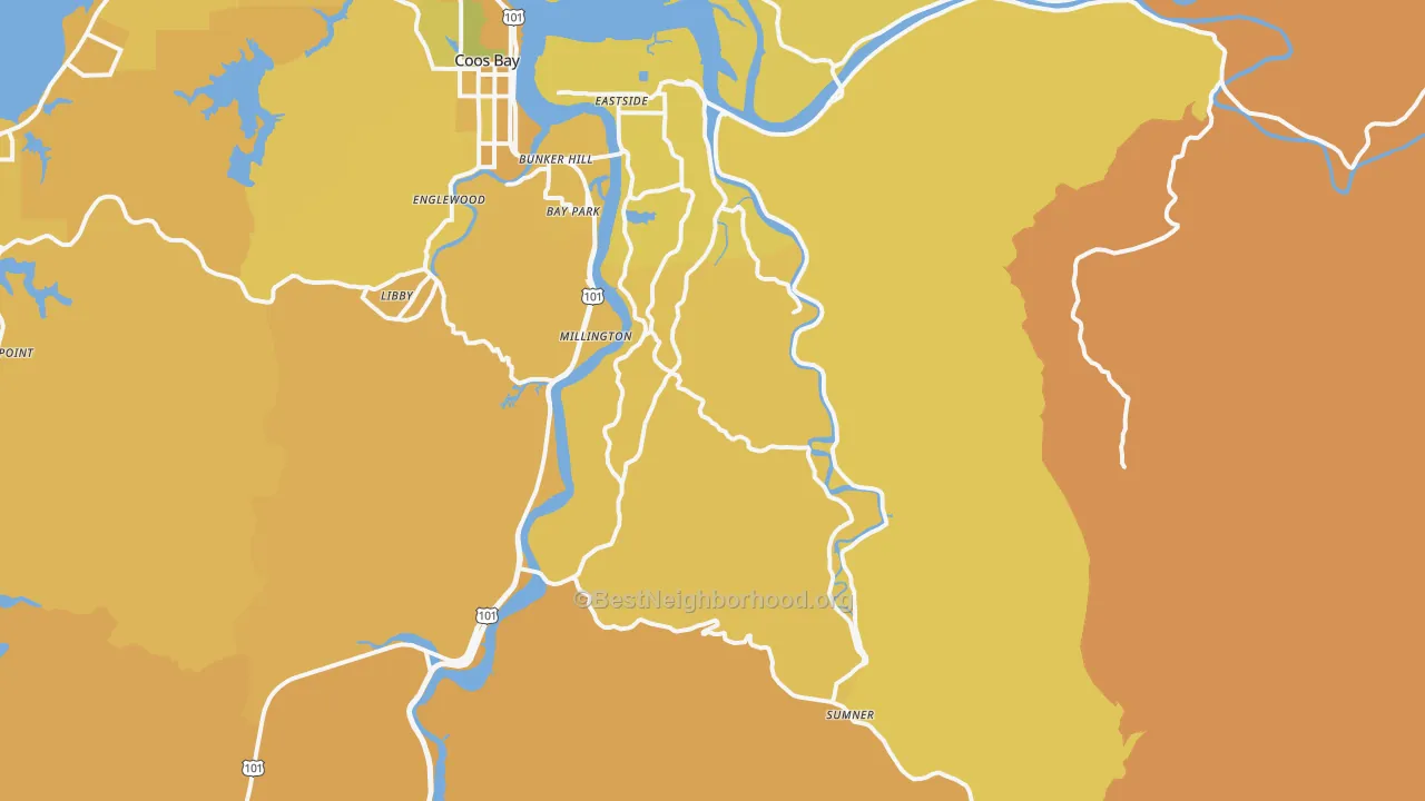 Map of the best neighborhoods in the Allegany area, with better matches in green and worse matches in red