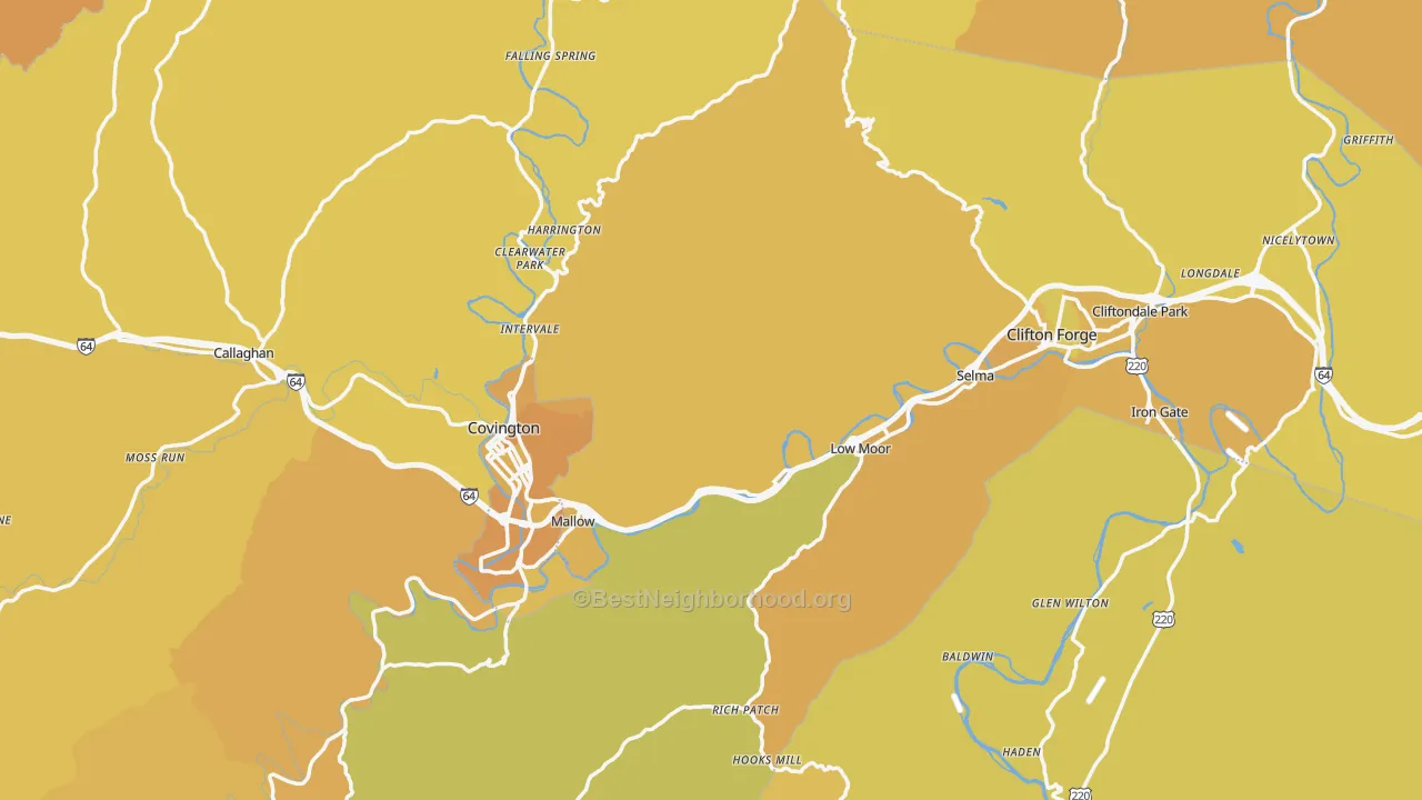 Map of the best neighborhoods in the Alleghany County area, with better matches in green and worse matches in red