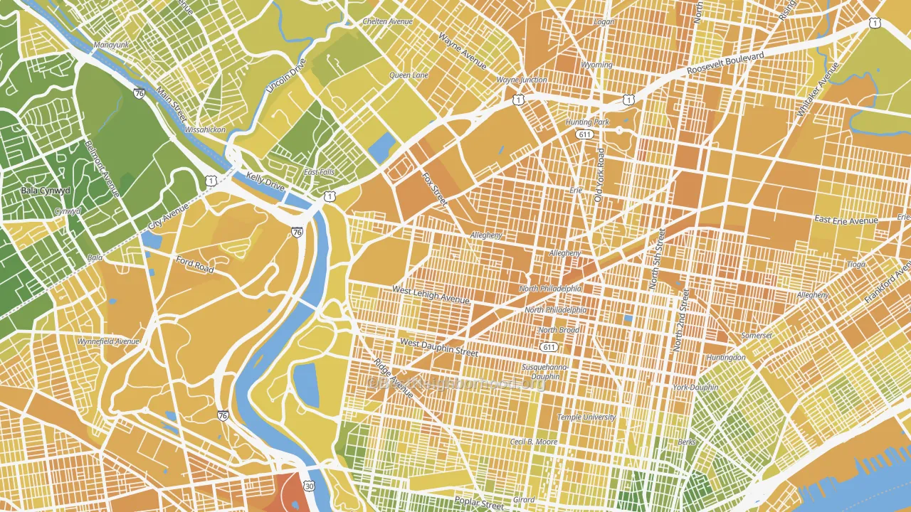 Map of the best neighborhoods in the Alleghany West, Philadelphia area, with better matches in green and worse matches in red