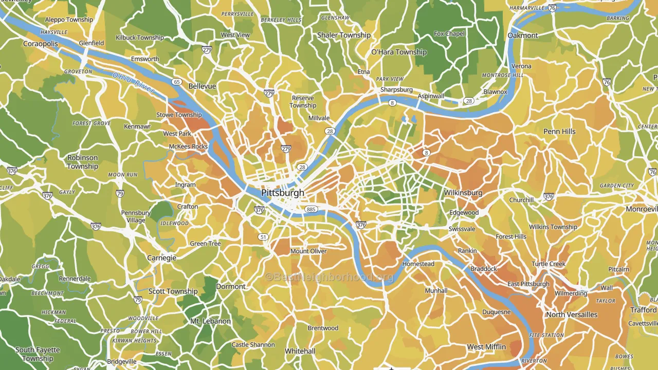 Map of the best neighborhoods in the Allegheny County area, with better matches in green and worse matches in red